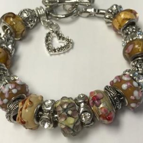 European Style Charm Bracelet with Murano Glass Beads, Toggle Clasp+Stopper,7.9" - Picture 6 of 13